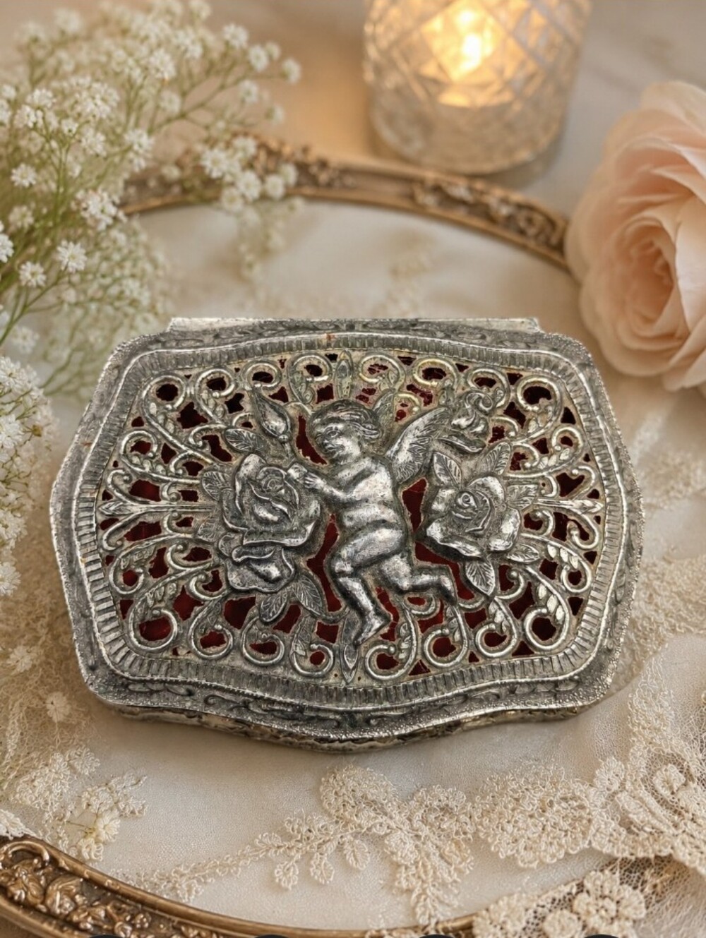 Vintage Angel Roses Trinket Box Footed Hinged Lid Cut Out Design 1950s Japan